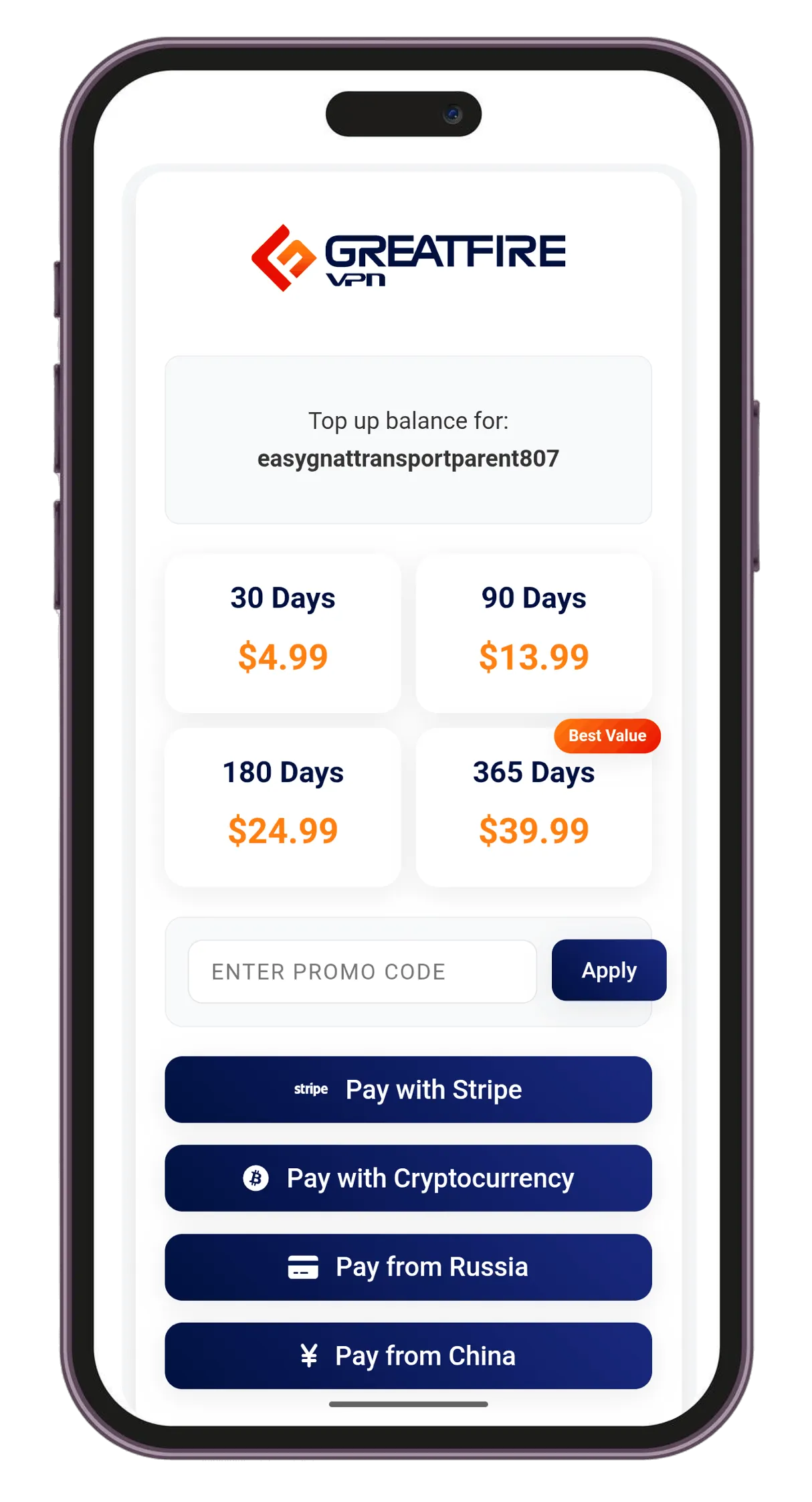 GreatFireVPN pricing plans and payment options